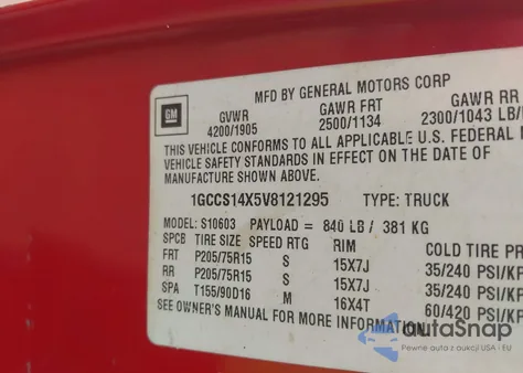 1997 Chevrolet S-10 Ls Sportside from USA, damaged, VIN 1GCCS14X5V8121295